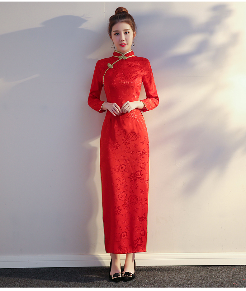 礼仪服装女迎宾小姐服秋冬季长袖裙红色长款酒店剪彩旗袍敬酒礼服