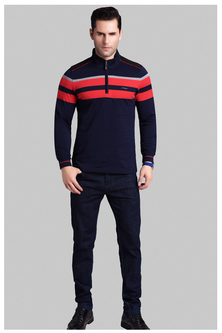 都彭stdupont长袖t恤男士条纹撞色翻领长袖t恤商务休闲纯棉polo衫