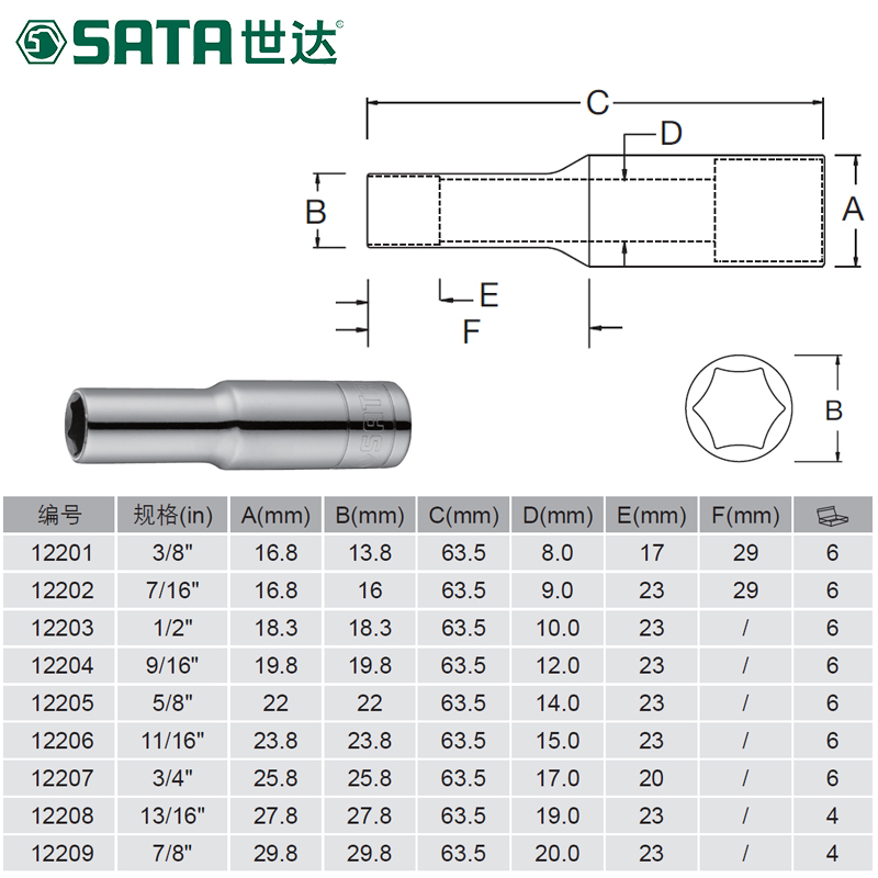世达(sata)sa1220110mm系列6角英制长套筒3/8