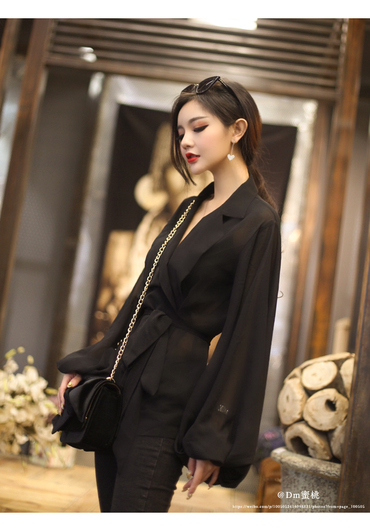 新款式dm蜜桃定制春夏新款韩版雪纺衫女宽松灯笼袖西装领系带上衣气质
