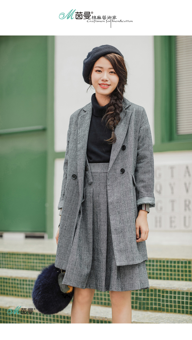 茵曼inman冬装女装格纹宽松中长款保暖毛呢外套女【f1874321586】