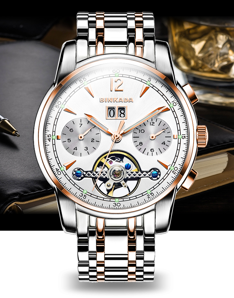 宾卡达binkada手表男士自动机械表时尚夜光镂空飞轮防水精钢带男表