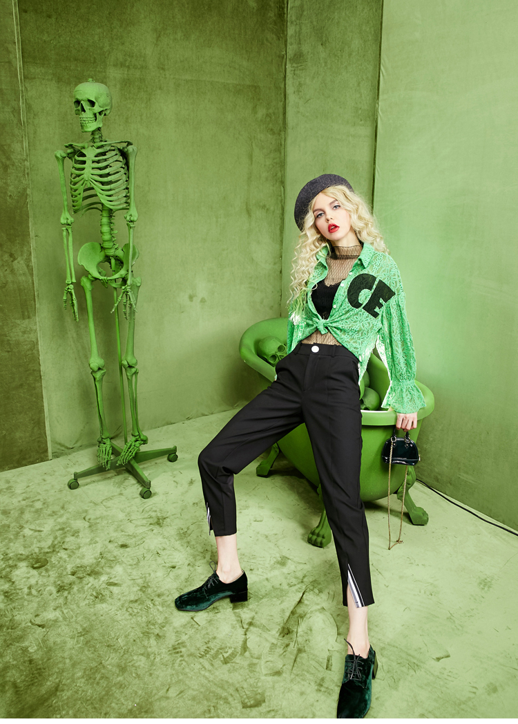 妖精的口袋中枢传感器春装2017新款前短后长印花喇叭袖蕾丝衬衫