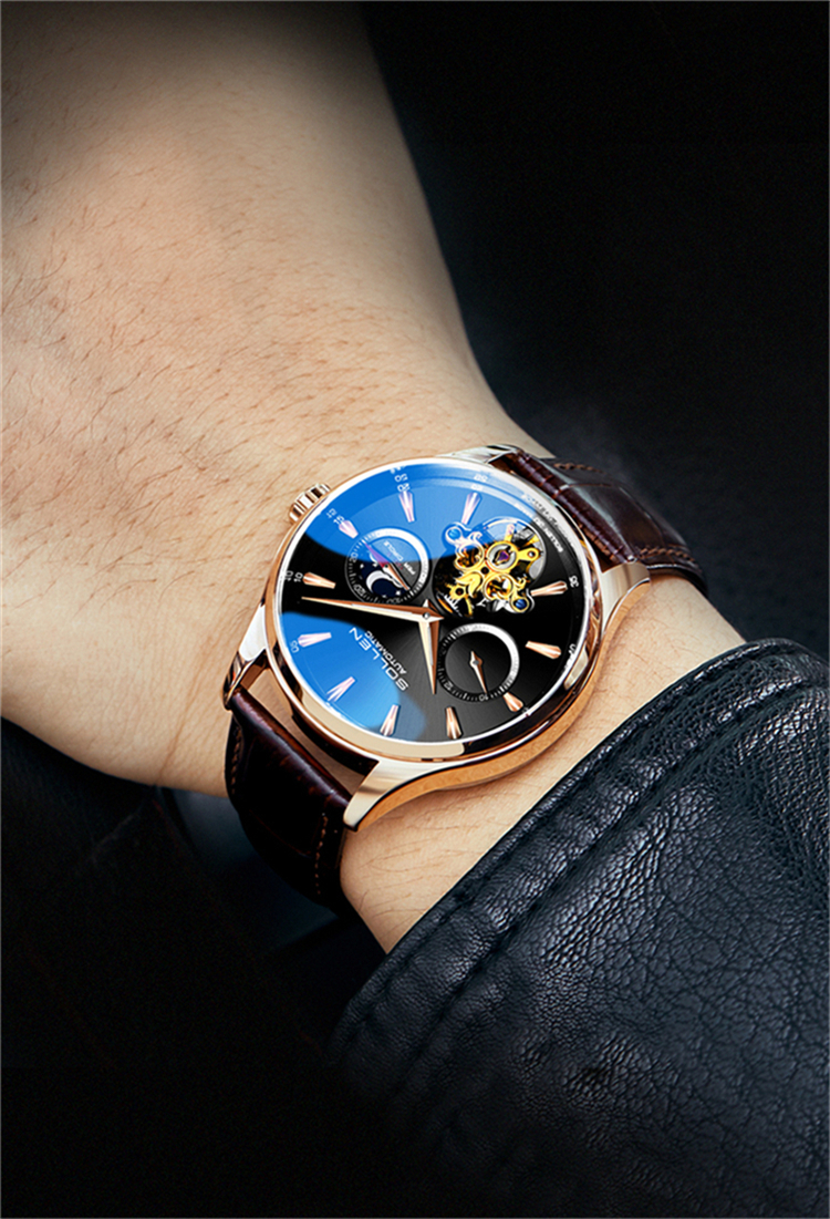 梭伦sollen男士手表日月星辰陀飞轮系列防水夜光皮带镂空全自动机械表