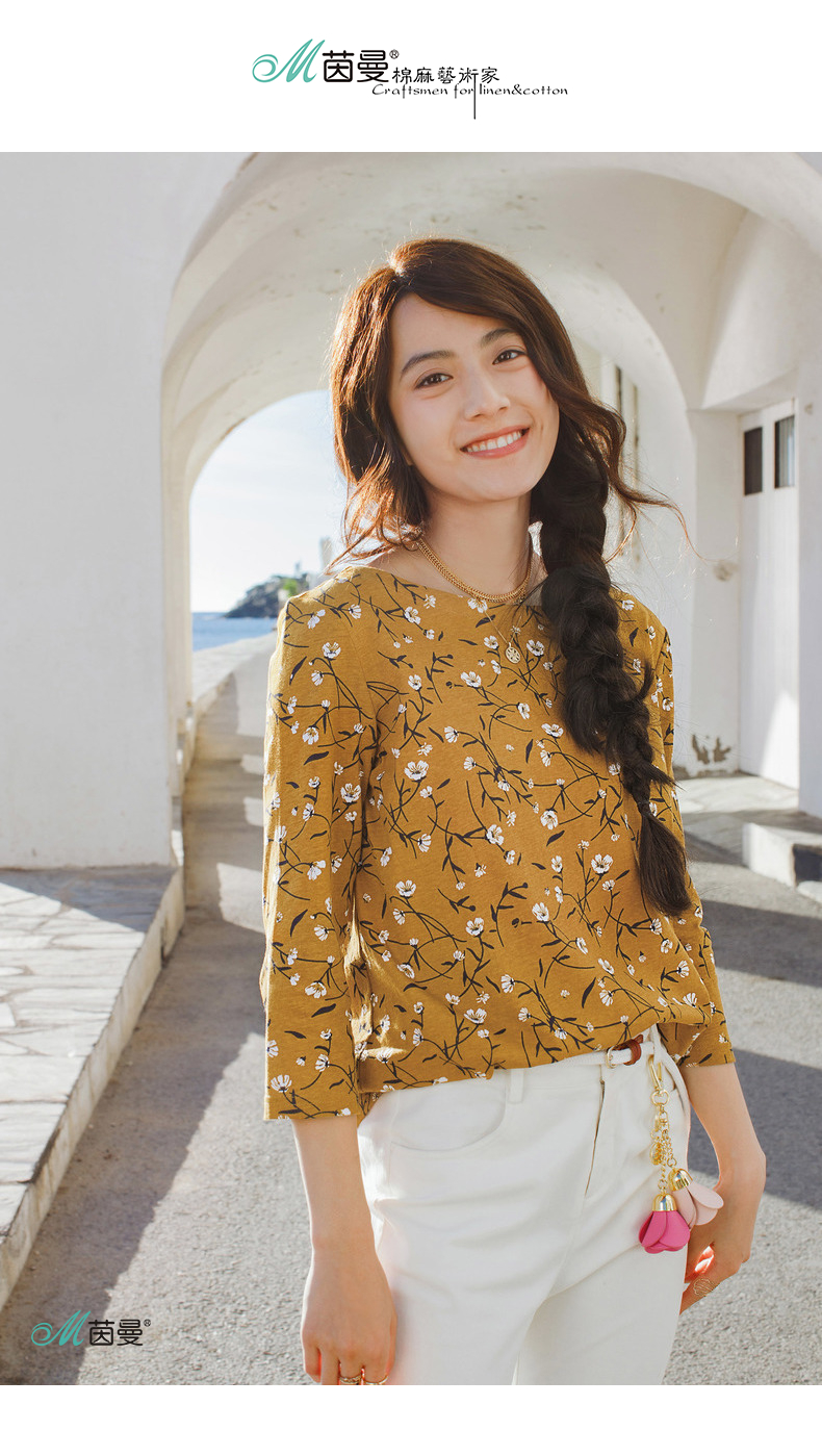 茵曼inman春秋装新款纯棉文艺碎花一字领宽松常规款女士t恤女