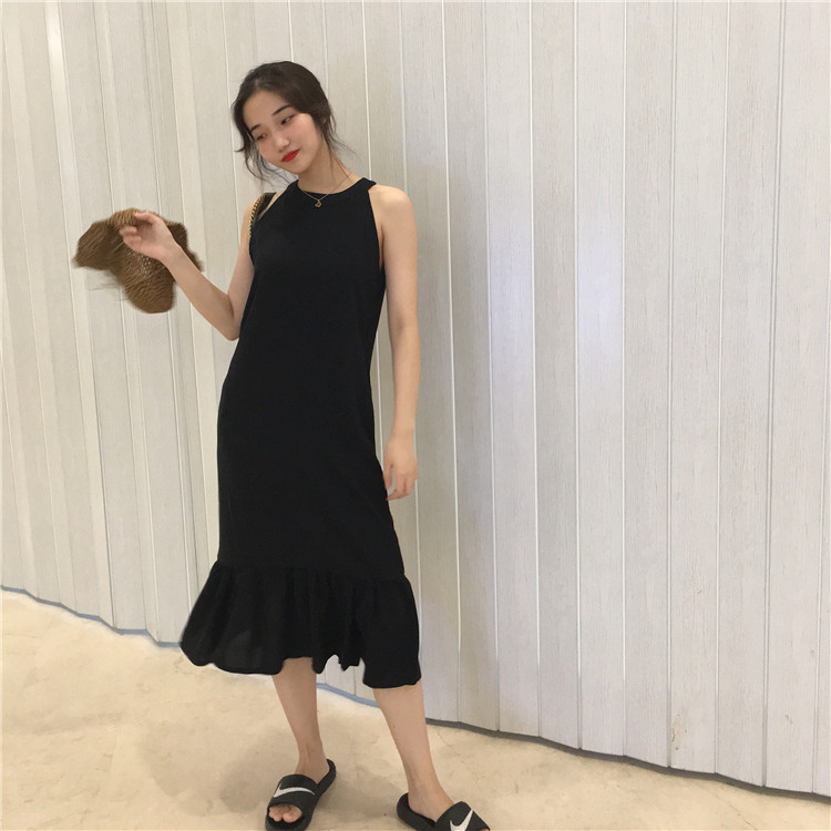 828新款夏装女装韩版气质削肩显瘦鱼尾连衣裙款边背心裙学生