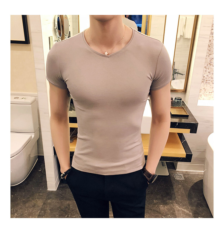 花花公子(playboy)男士t恤 小码v领紧身短袖体恤韩版瘦小个子纯色打底