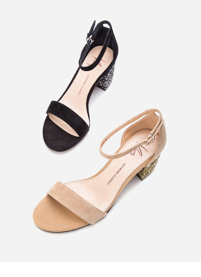 热风hotwind夏季新款小清新闪亮粗跟女士凉鞋一字扣带高跟鞋h56w8607