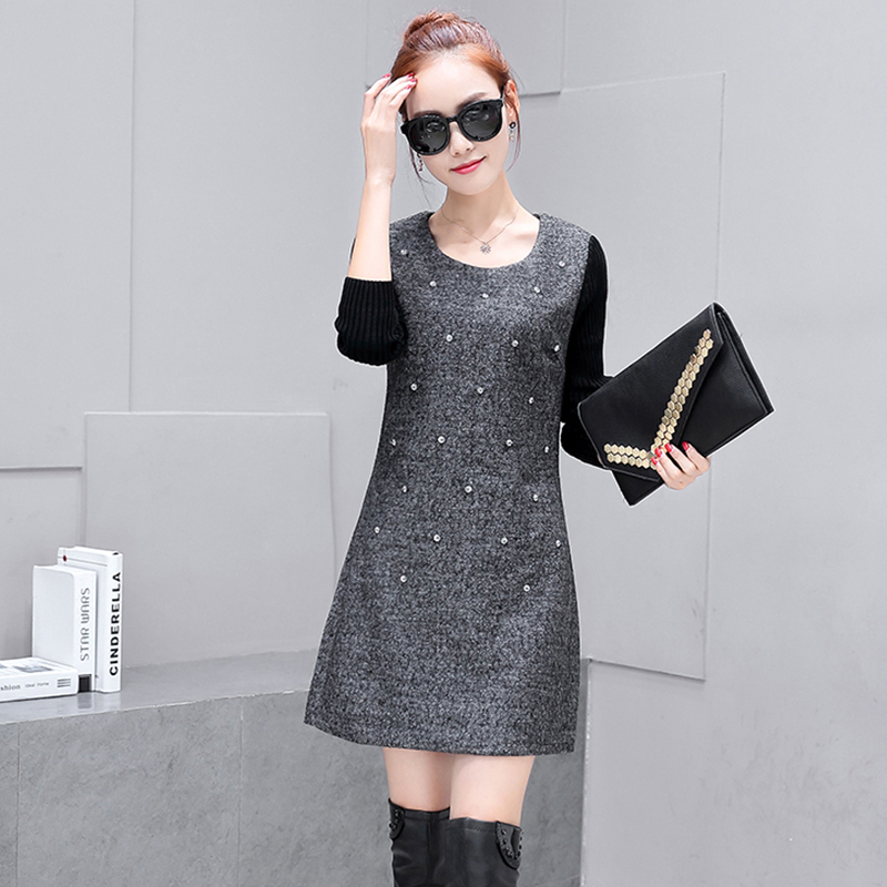 飘香2016秋季新款时尚气质女装修身显瘦收腰大码针织长袖中群连衣裙v3