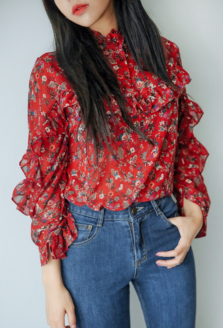 新款式2021春装新款红色雪纺衫小碎花长袖花瓣袖宽松木耳边衬衫上衣女