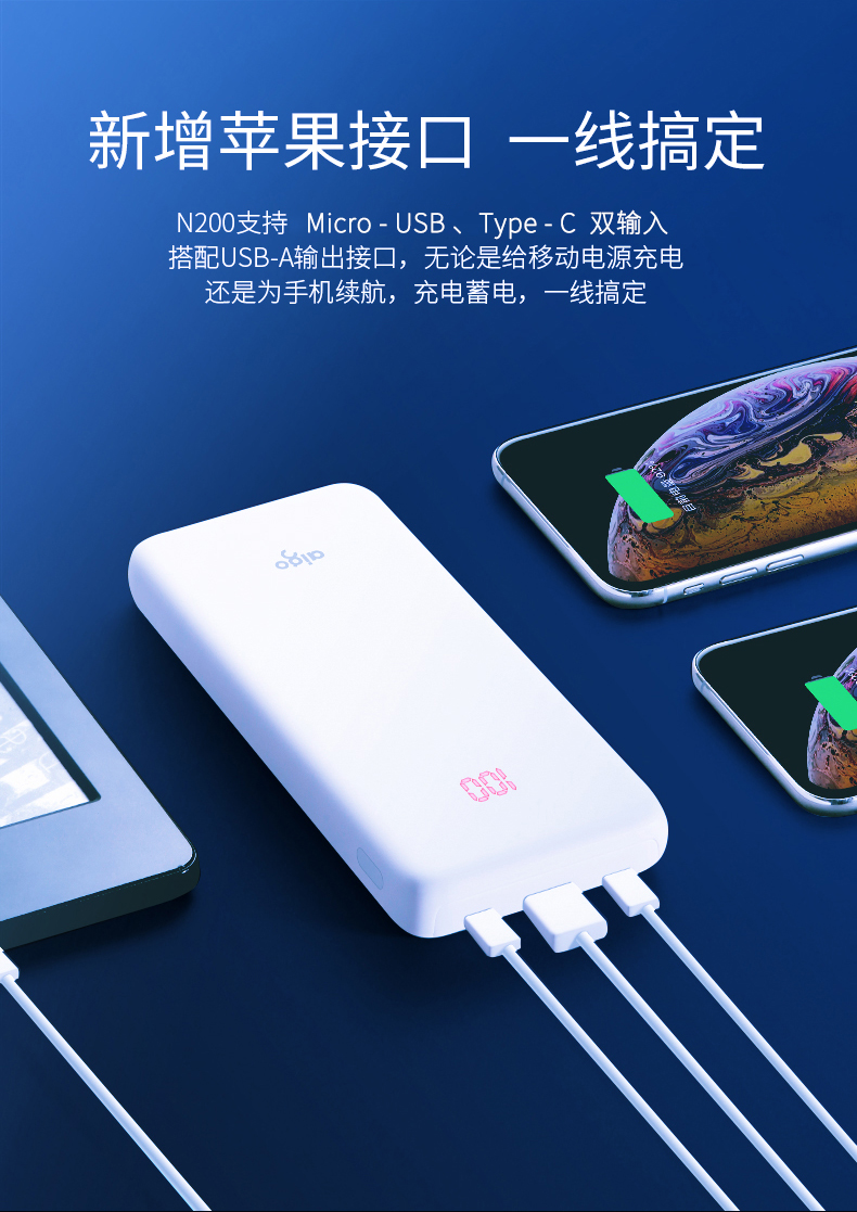 爱国者aigo充电宝n200便携移动电源20000毫安大容量usbc接口双向快充
