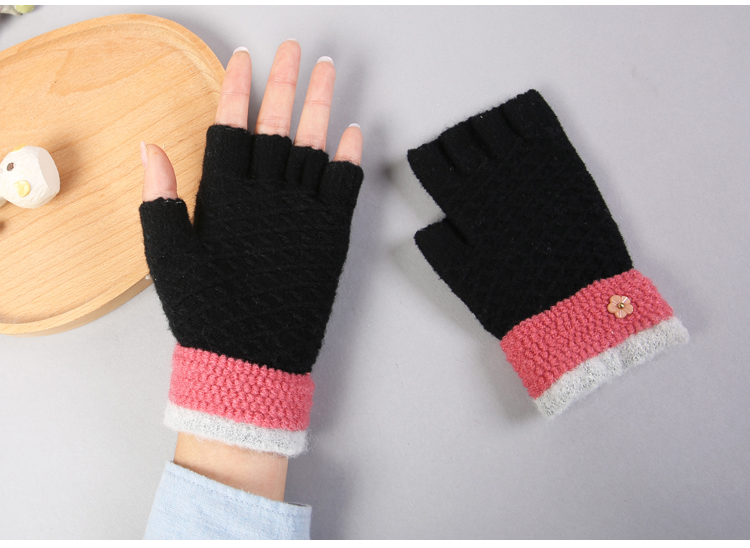 七斓手套 七斓学生半截露指保暖手套秋冬天五指分指针织毛线半指手袜