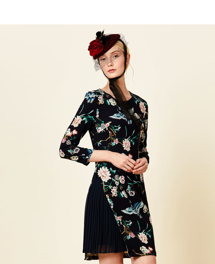 商场同款欧柏兰奴古典优雅修身显瘦印花连衣裙中长款女