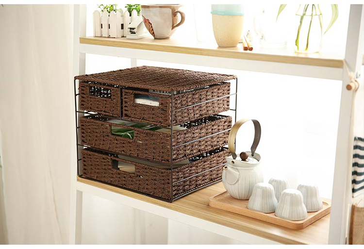 多层编织收纳盒抽屉式框架桌面储物整理盒多用途杂物收纳筐