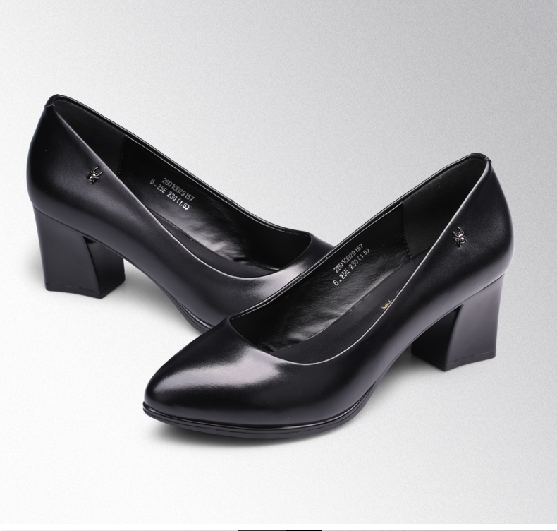 蜘蛛王女鞋粗跟秋季正装真皮高跟女单鞋圆头通勤浅口女皮鞋