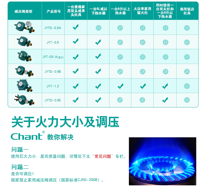 创尔特（Chant） JYT-1.2 家用大流量液化气猛火煤气热水器减压阀 煤气瓶减压阀