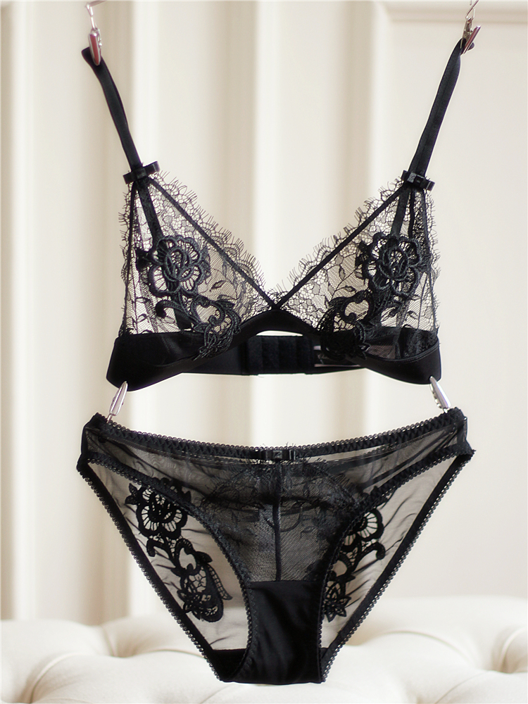 诱惑内衣超薄蕾丝水溶花性感无钢圈三角杯文胸套装欧美透明夏刺绣