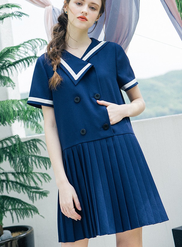 828新款天天特价韩版双排扣海军风连衣裙女学院海军领短袖裙定制款