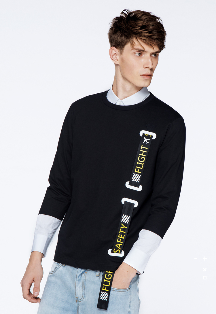 cabbeen男士卫衣/帽衫 卡宾男装字母织带拼接长袖卫衣圆领黑色潮流套