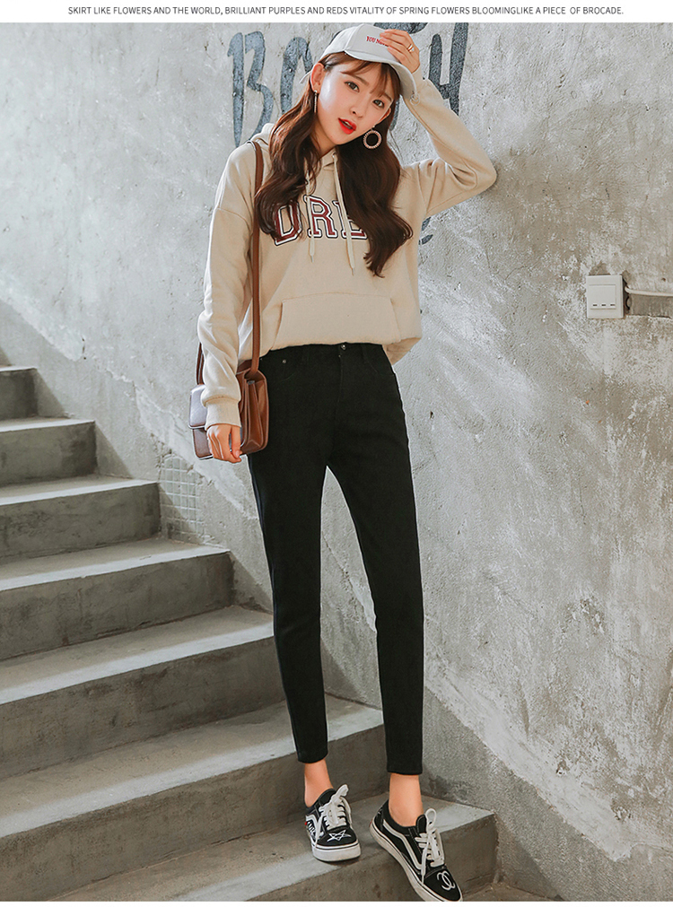 高腰烟灰色加绒牛仔裤女长裤子2017秋装新款