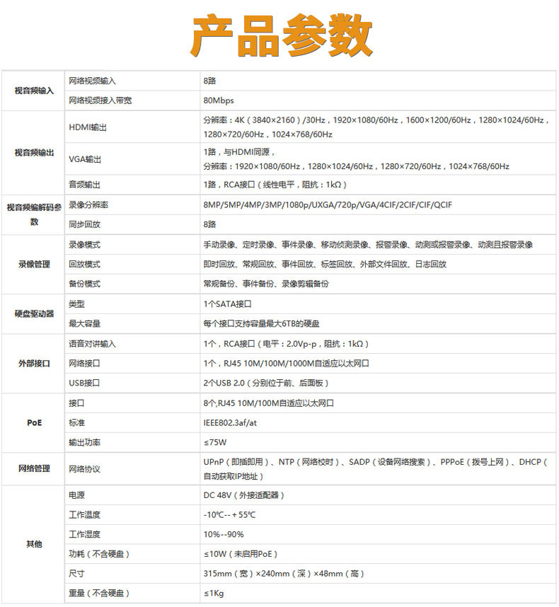 海康威视ds7808nbk18路nvr网络硬盘录像机监控主机可接8路网络监控