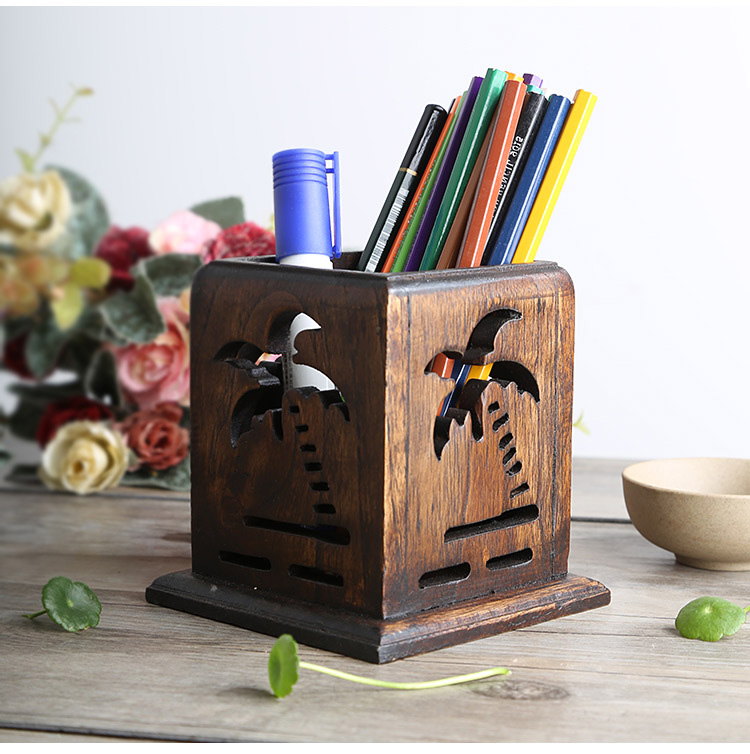 笔筒创意花装饰实木材质方形办公室木制笔筒工艺品摆件