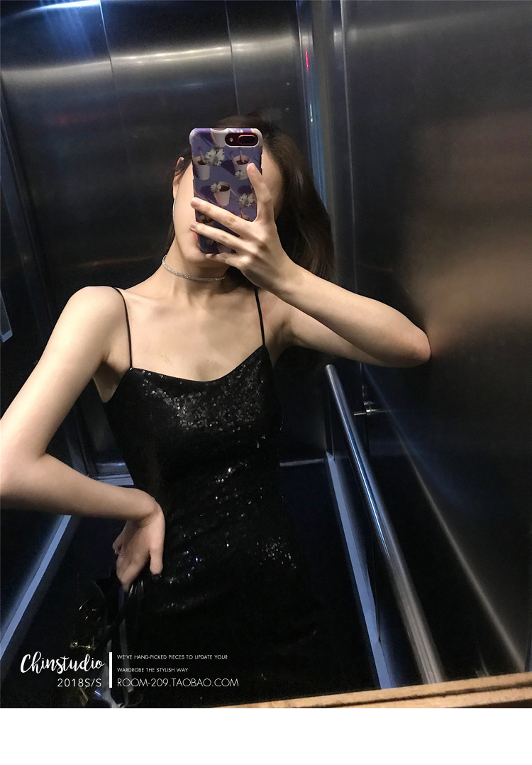chinstudio夜店蹦迪吊带连衣裙女小黑裙亮片包臀短裙子