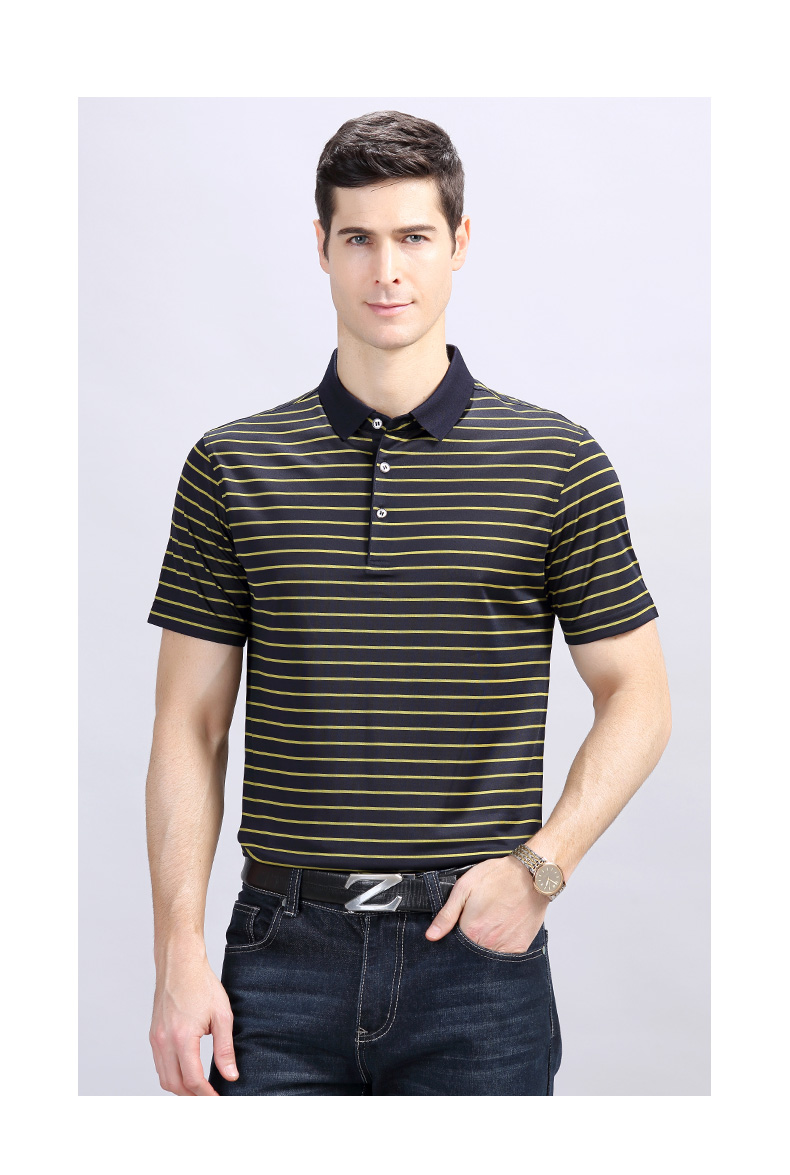 男装polo衫培罗蒙夏装新款桑蚕丝t恤男短袖商务翻领条纹