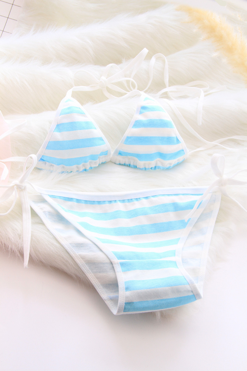 七斓日系带绑带二次元蓝白条纹套装蓝白胖内次cos动漫少女比基尼内裤