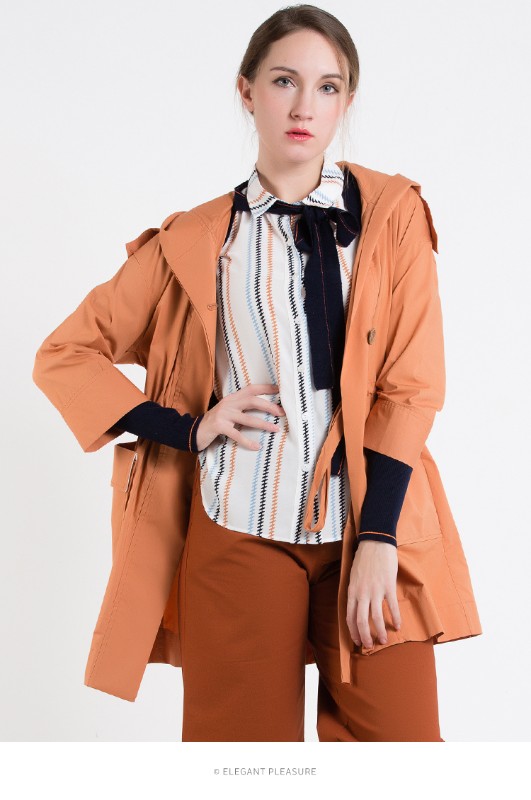 aline阿莱2018春季新款时尚百搭收腰赭石色中长款连帽风衣