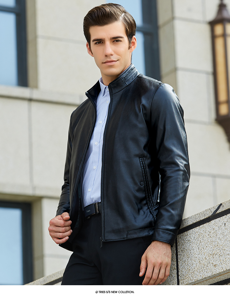 才子男装夹克男秋冬纯色时尚休闲pu皮衣夹克外套男黑色_1