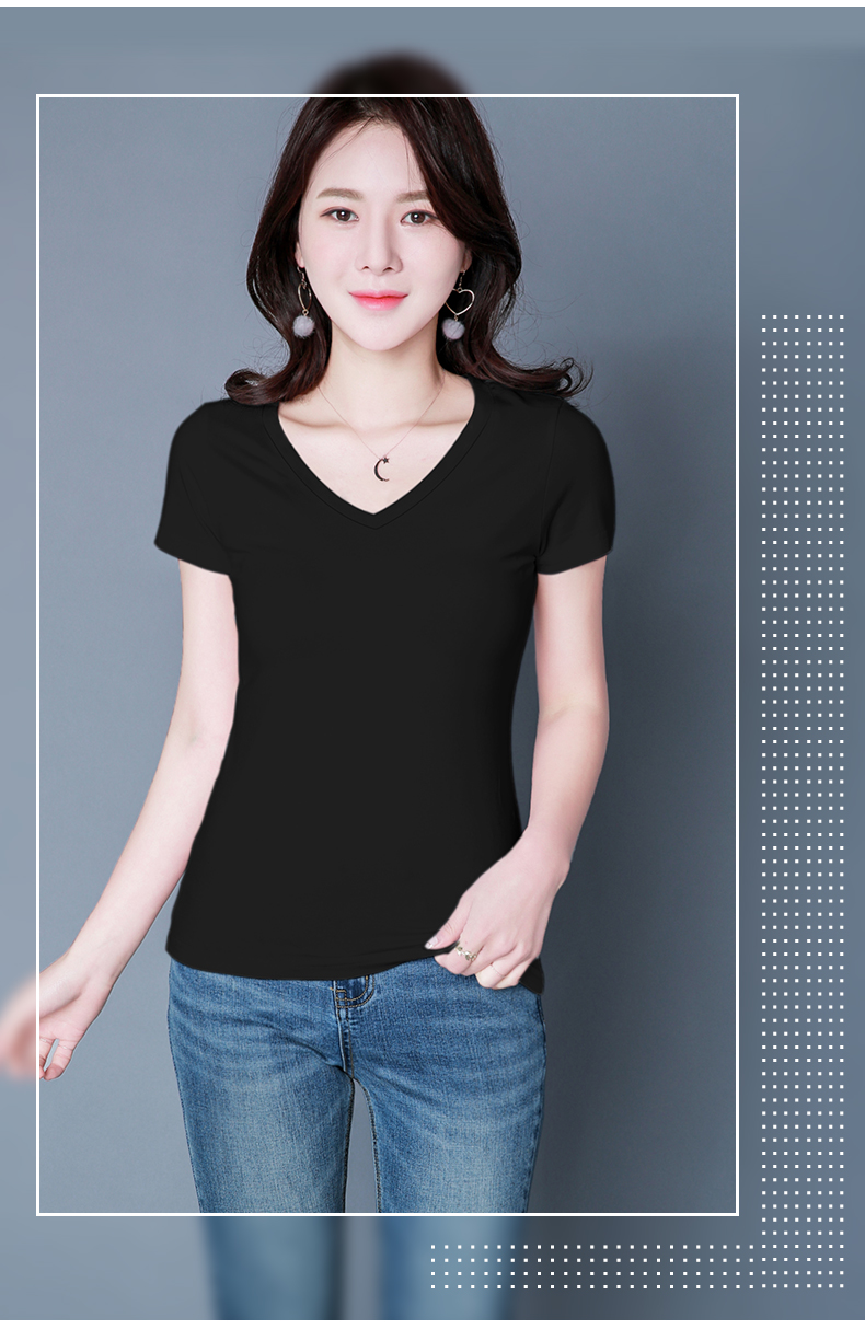 xuj女士t恤 韩版夏装新款简约纯色鸡心领t恤女短袖棉质修身显瘦百搭