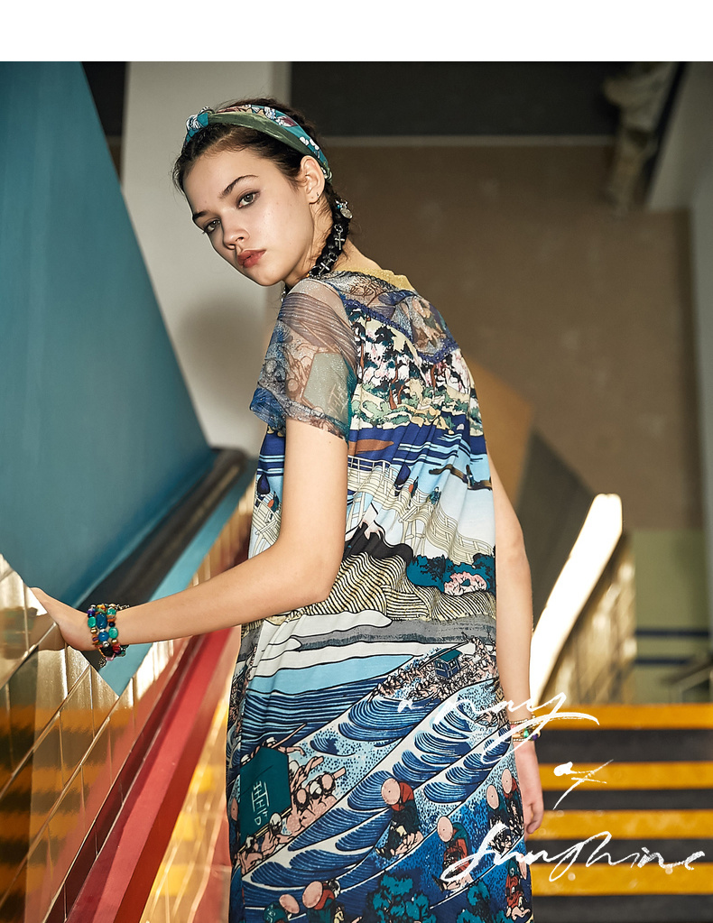 裂帛短袖连衣裙女2019夏装新款复古日系印花纱休闲圆领时尚针织裙子