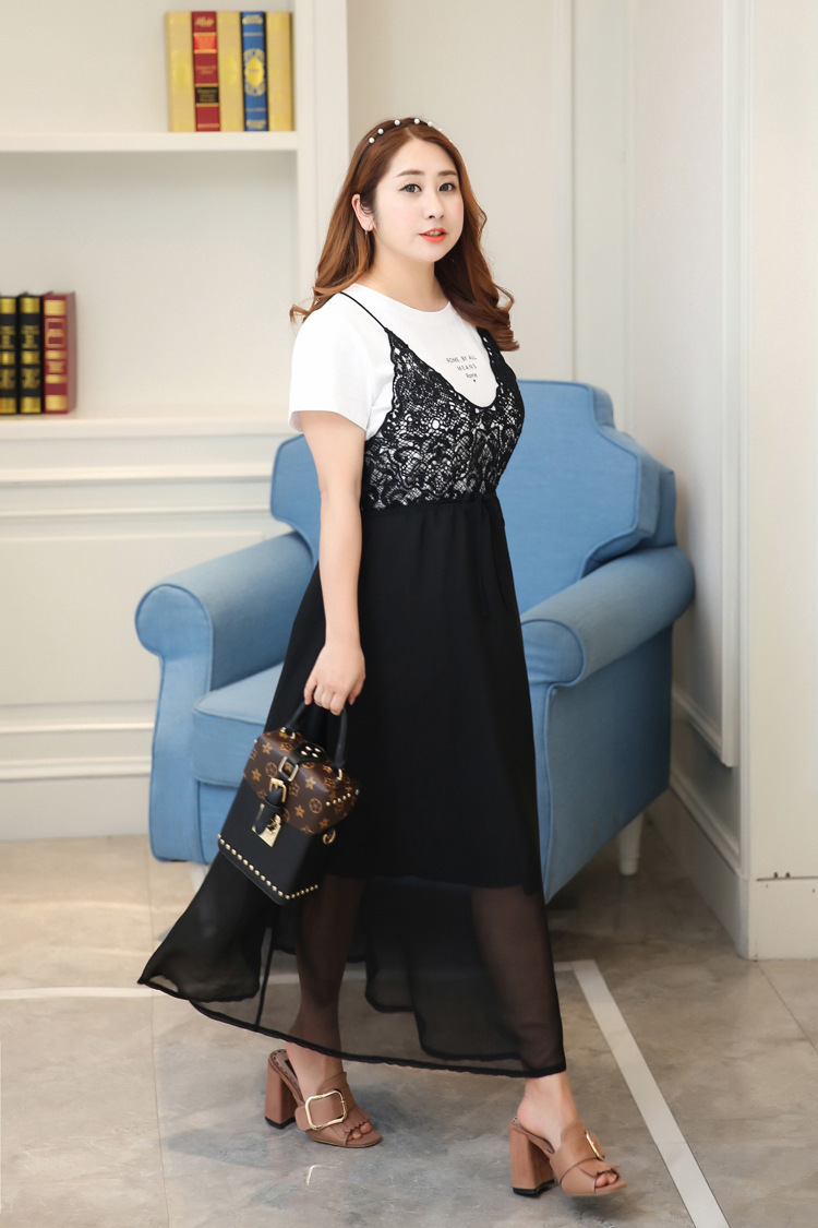 郝啦2017胖mm加大码女装春夏新款显瘦蕾丝拼接基础吊带裙大长裙连衣裙