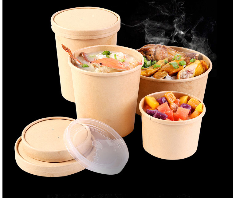 一次性牛皮纸汤碗纸碗圆形带盖餐盒外卖快餐打包盒饭盒汤盒汤杯简约