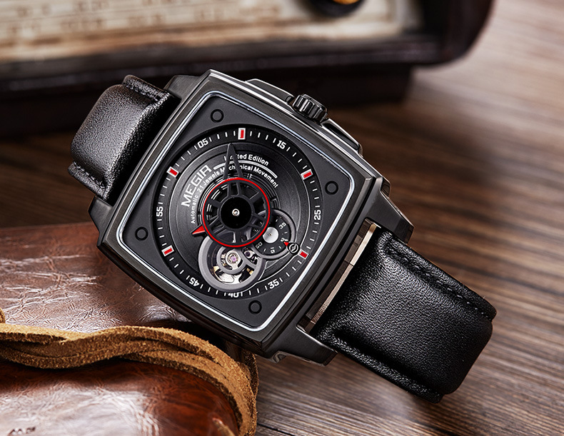 美格尔megir全自动机械表镂空运动商务男士时尚方形手表62042