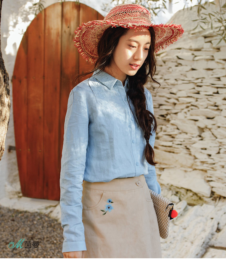 茵曼春装文艺范门襟绣花亚麻白色长袖衬衫女早春棉麻衬衣1881011073