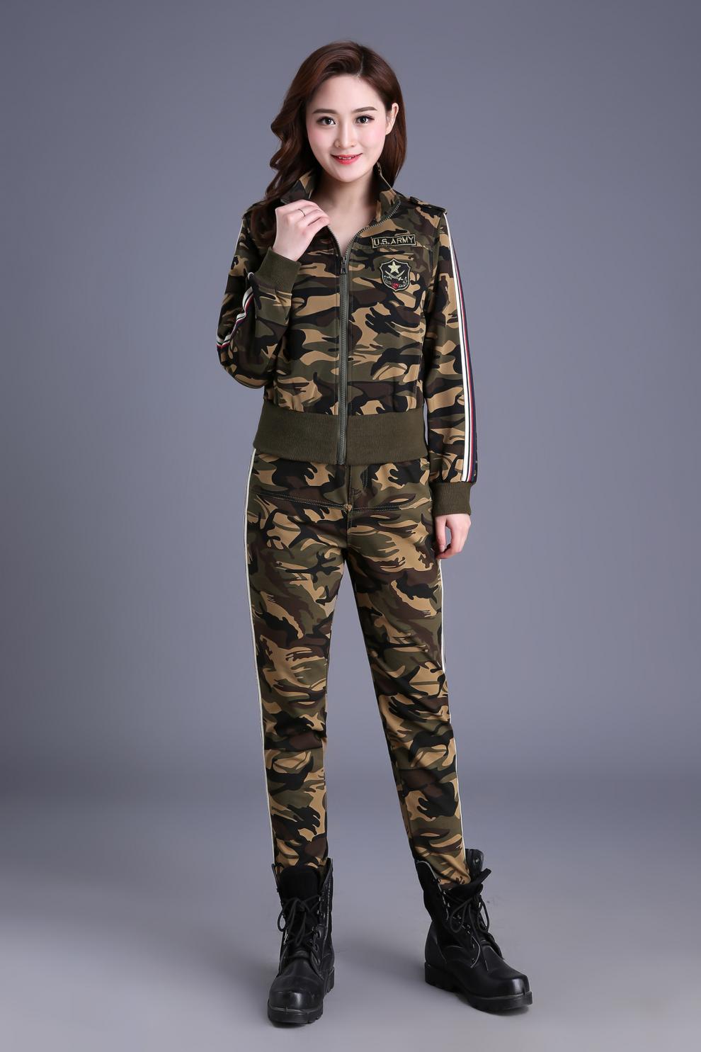 hoscene迷彩服女套装春秋季迷彩服套装女装两件套作训服户外军迷外套