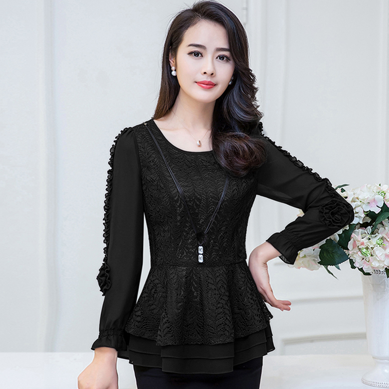 飘香2016秋季新款时尚气质女装百搭宽松大码勾花拼接长袖打底上衣zv