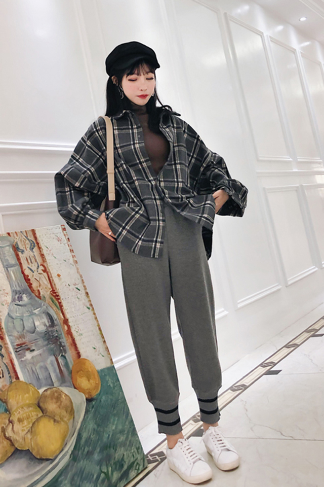 薇姬桑妮新款时尚套装韩版学生宽松显瘦百搭格子衬衫女休闲运动裤两件