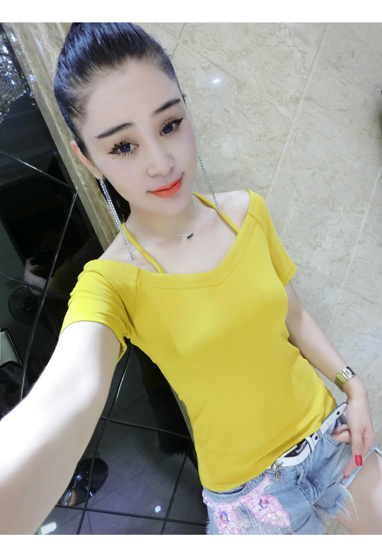 828新款韩版新款夏装v领纯棉t恤女短袖百搭打底衫挂脖露肩上衣体恤潮