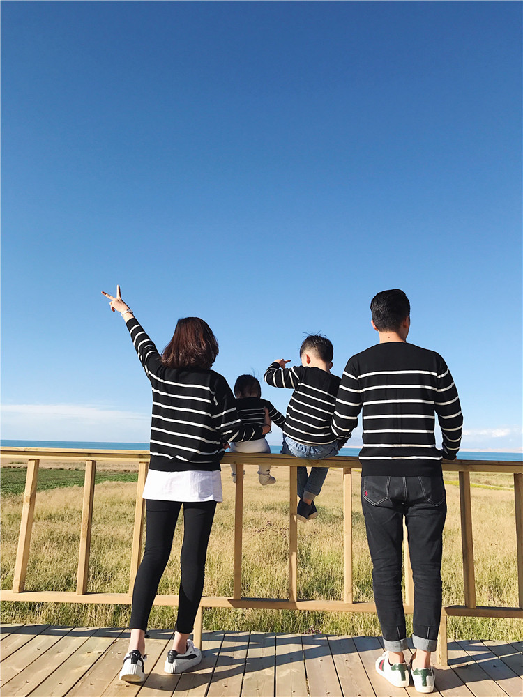 902新款luson妈 一家三口亲子装毛衣秋装母子装条纹全家装宝宝四口