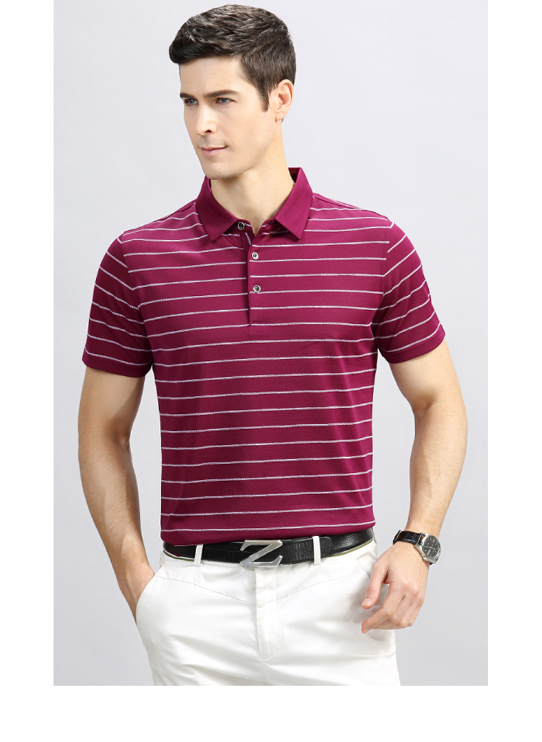 男装polo衫培罗蒙夏季新款短袖t恤男条纹翻领桑蚕丝冰丝polo衫男短袖