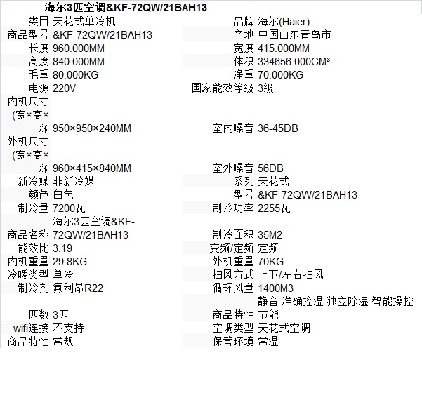 海尔3匹空调&kf-72qw/21bah13
