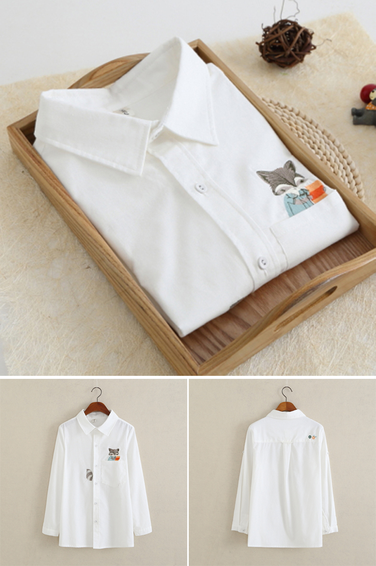 902新款日系小清新森系文艺棉质刺绣长袖白衬衫可爱休闲百搭学生衬衣