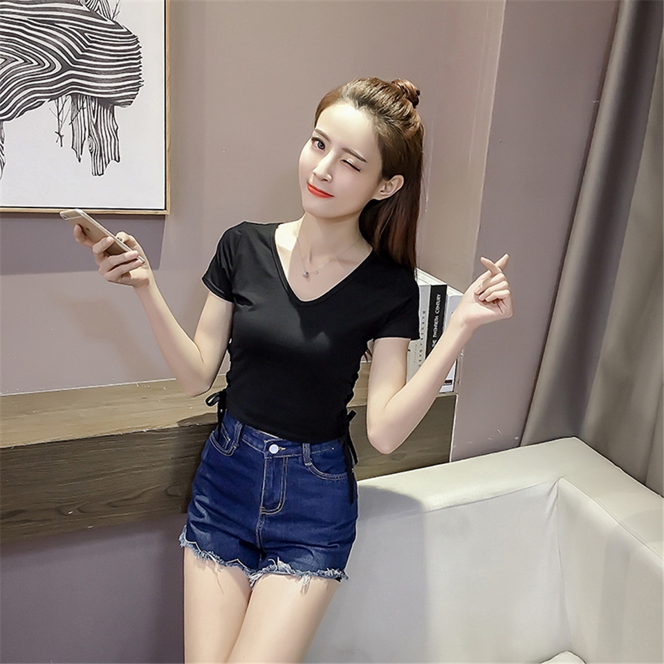 薇姬桑妮夏季超短款短袖t恤女装高腰打底衫性感紧身露脐交叉系带短