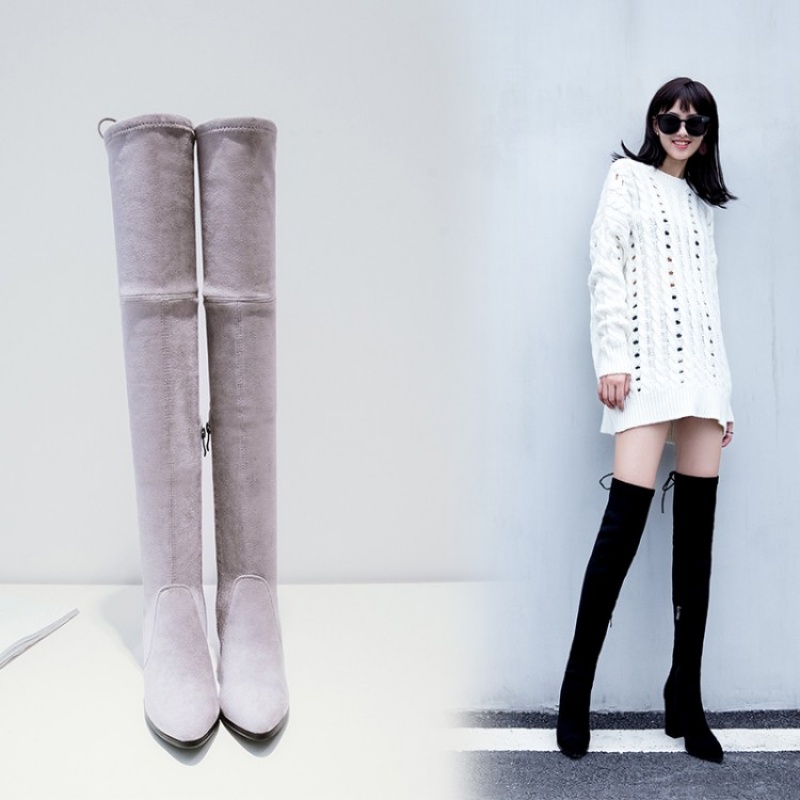 显瘦过膝长靴女高跟系带长筒靴粗跟弹力靴真皮过膝靴冬季高筒女靴