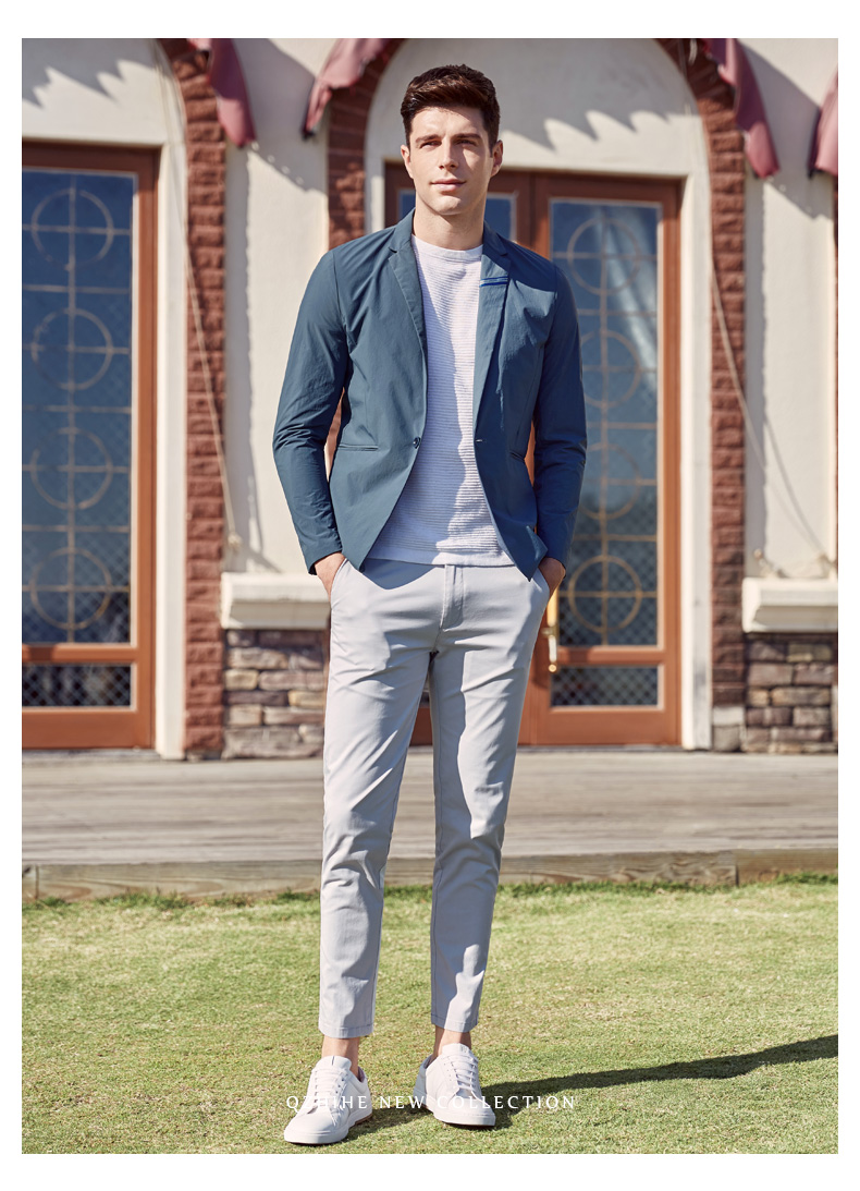 千纸鹤韩版青年便西外套男休闲2019年春季蓝色西服男士35098