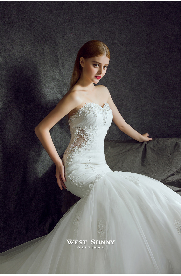 婉纱仙妮婚纱礼服2016新款抹胸修身鱼尾蕾丝长拖尾婚纱新娘定制