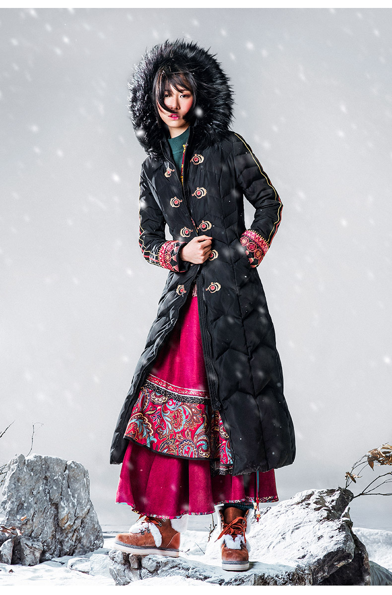 裂帛长款羽绒服女2019春季新款毛领连帽民族风刺绣修身收腰厚外套
